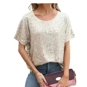 Skies Are Blue Women's Champagne Gold Sequin Lined Crop Top NEW